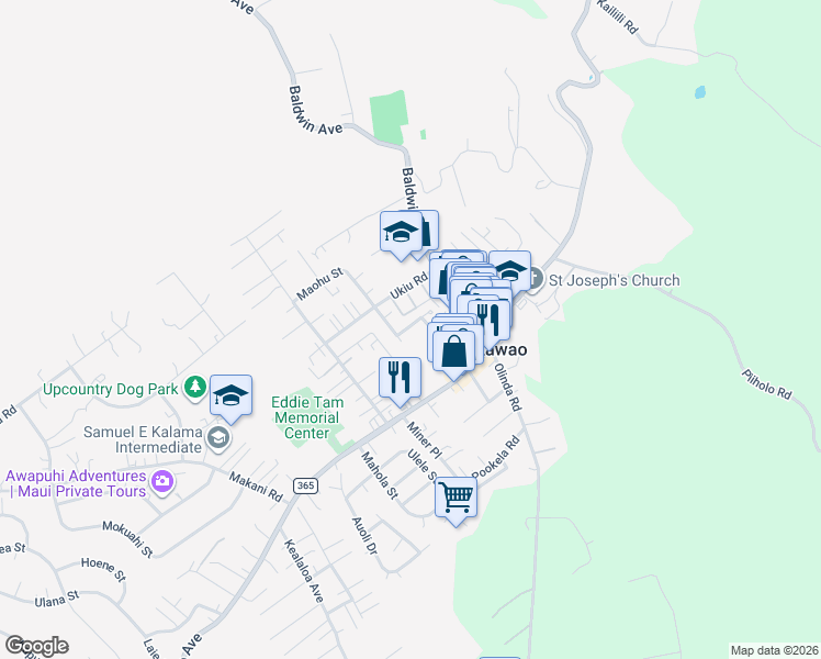 map of restaurants, bars, coffee shops, grocery stores, and more near 1102 Puana Street in Makawao