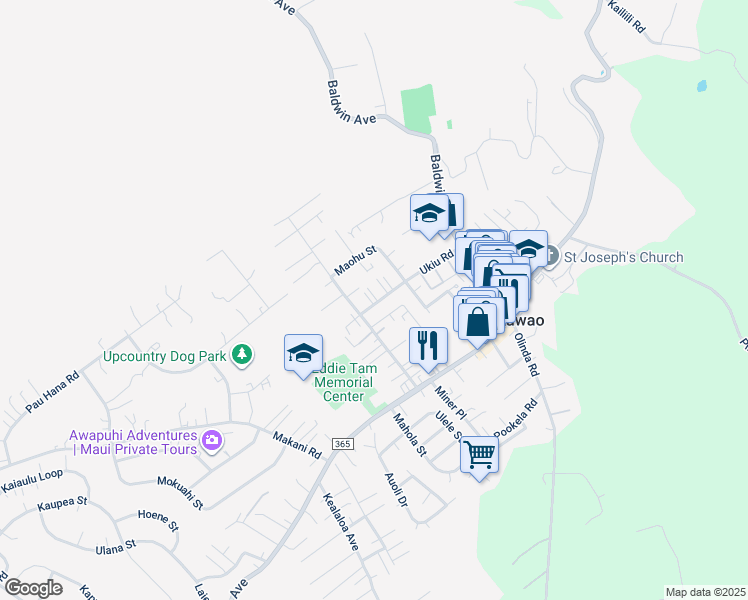 map of restaurants, bars, coffee shops, grocery stores, and more near 1025 Ukiu Road in Makawao