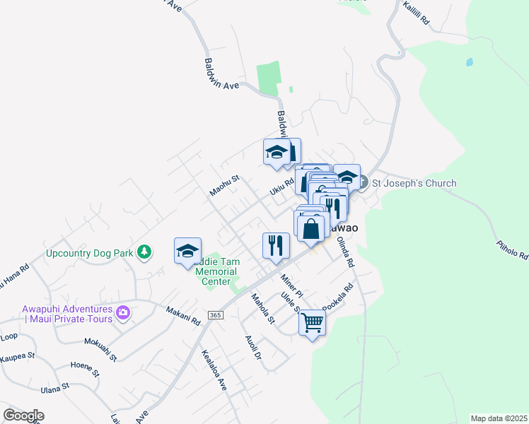 map of restaurants, bars, coffee shops, grocery stores, and more near 3576 Pahala Street in Makawao