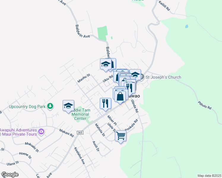 map of restaurants, bars, coffee shops, grocery stores, and more near 1110 Puana Street in Makawao