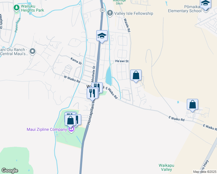 map of restaurants, bars, coffee shops, grocery stores, and more near 61 East Waiko Road in Wailuku