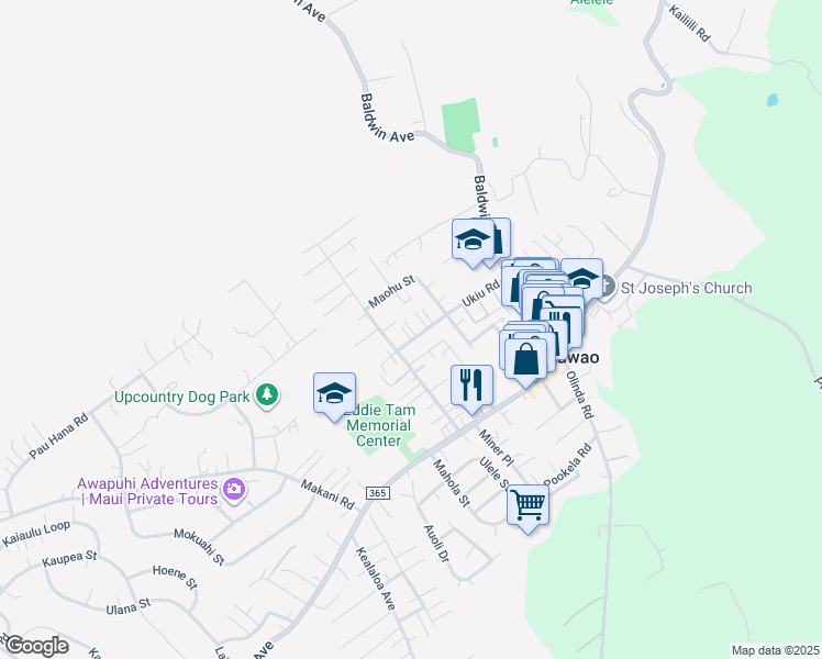 map of restaurants, bars, coffee shops, grocery stores, and more near 1025 Ukiu Road in Makawao