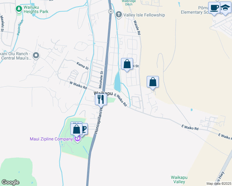 map of restaurants, bars, coffee shops, grocery stores, and more near 57 East Waiko Road in Wailuku