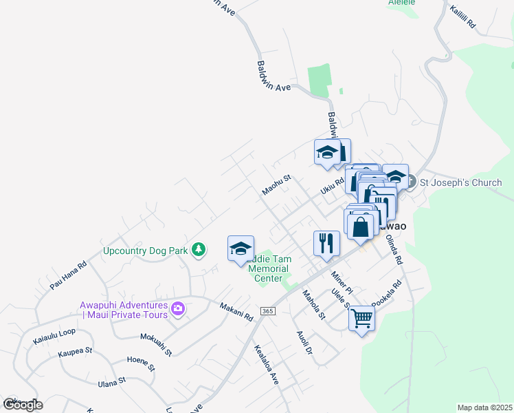 map of restaurants, bars, coffee shops, grocery stores, and more near 193 Maha Road in Makawao