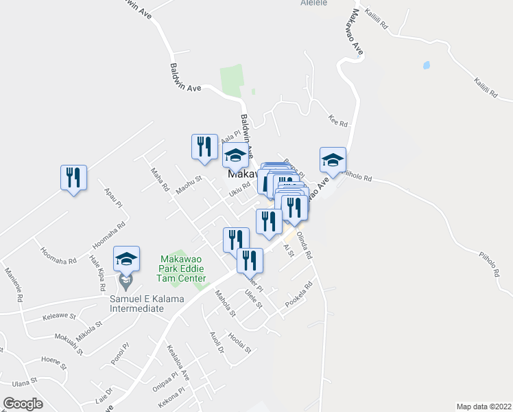 map of restaurants, bars, coffee shops, grocery stores, and more near 1121 Nakui Street in Makawao