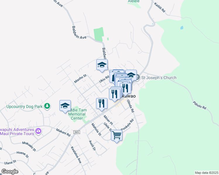 map of restaurants, bars, coffee shops, grocery stores, and more near 1121 Nakui Street in Makawao