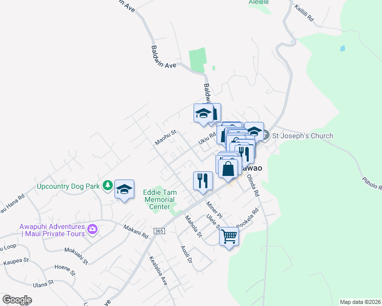 map of restaurants, bars, coffee shops, grocery stores, and more near 1075 Mahanani Place in Makawao