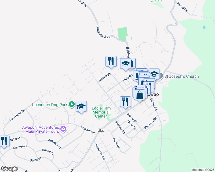 map of restaurants, bars, coffee shops, grocery stores, and more near 1025 Ukiu Road in Makawao