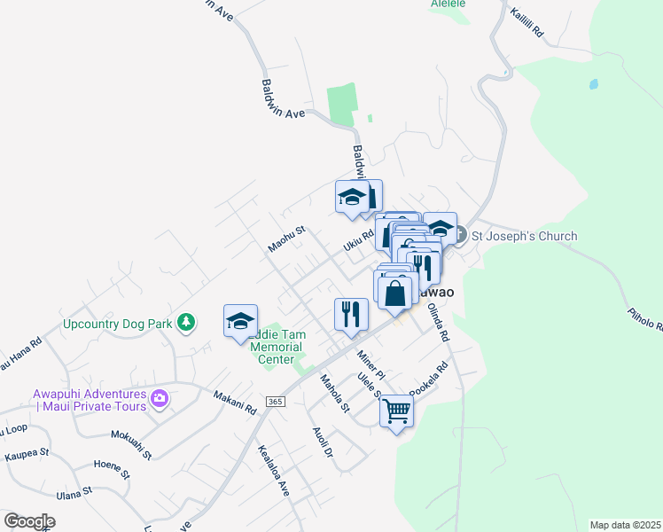 map of restaurants, bars, coffee shops, grocery stores, and more near 3566 Pahala Street in Makawao