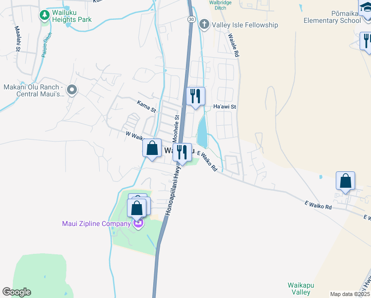 map of restaurants, bars, coffee shops, grocery stores, and more near 13 East Waiko Road in Wailuku