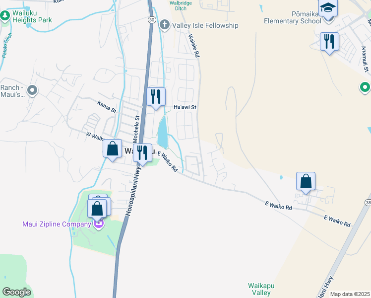map of restaurants, bars, coffee shops, grocery stores, and more near 1425 Waiale Road in Wailuku