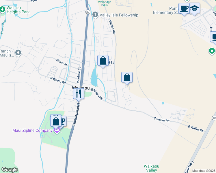 map of restaurants, bars, coffee shops, grocery stores, and more near 1425 Waiale Road in Wailuku