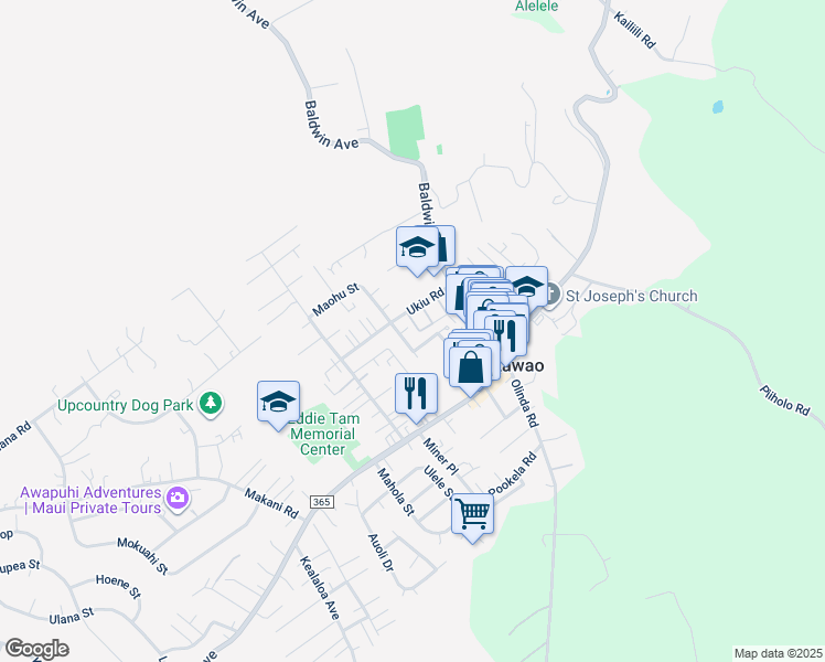 map of restaurants, bars, coffee shops, grocery stores, and more near 3579 Pahala Street in Makawao