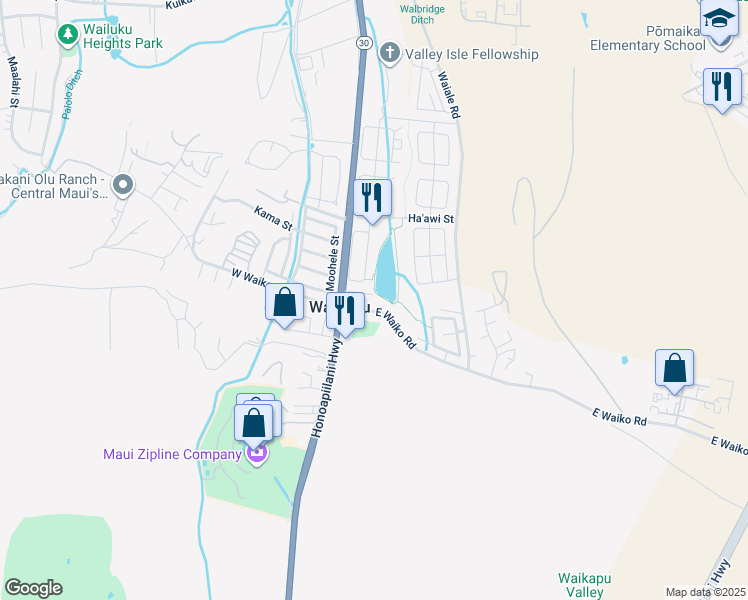 map of restaurants, bars, coffee shops, grocery stores, and more near 44 Waiolu Place in Wailuku
