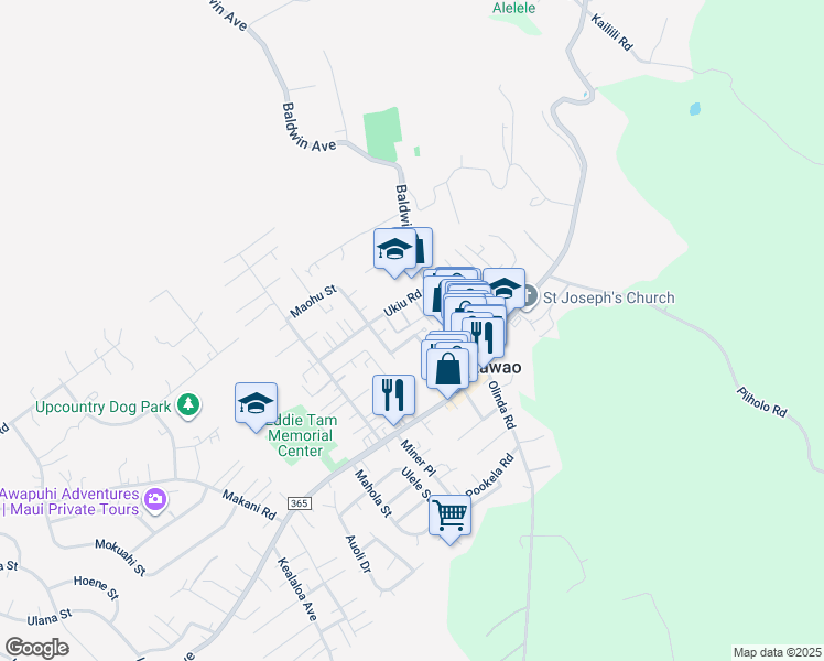 map of restaurants, bars, coffee shops, grocery stores, and more near 1115 Puana Street in Makawao