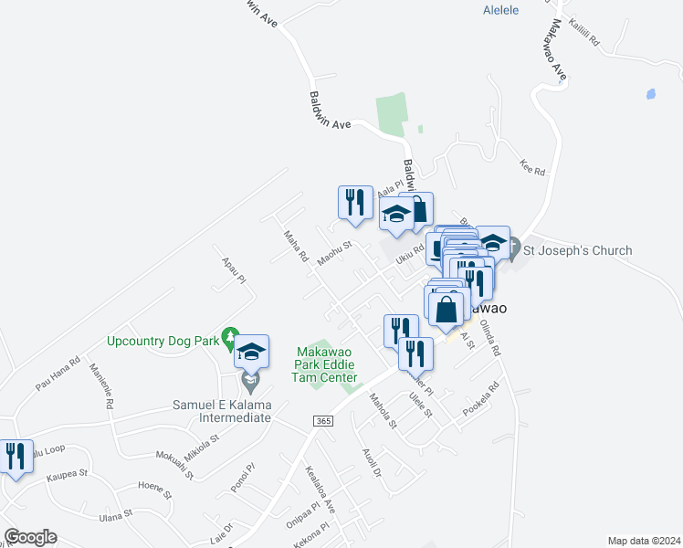 map of restaurants, bars, coffee shops, grocery stores, and more near 168 Maha Road in Makawao