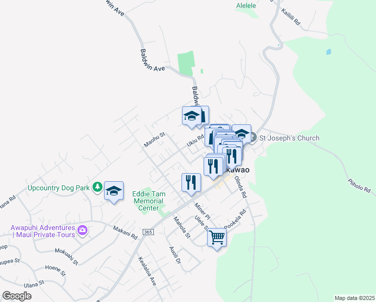 map of restaurants, bars, coffee shops, grocery stores, and more near 3571 Pahala Street in Makawao