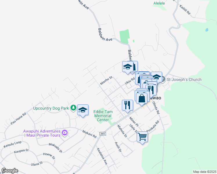 map of restaurants, bars, coffee shops, grocery stores, and more near 168 Maha Road in Makawao