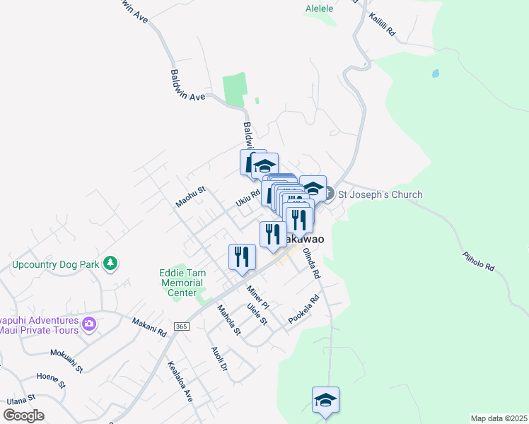 map of restaurants, bars, coffee shops, grocery stores, and more near 3594 Baldwin Avenue in Makawao