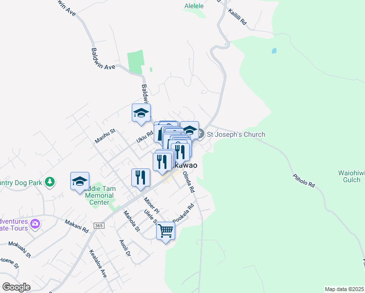 map of restaurants, bars, coffee shops, grocery stores, and more near 3669 Brewer Road in Makawao