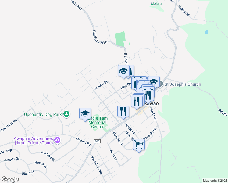 map of restaurants, bars, coffee shops, grocery stores, and more near 1079 Ukiu Road in Makawao