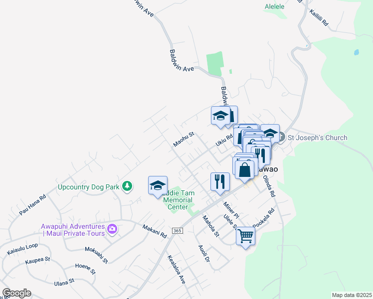 map of restaurants, bars, coffee shops, grocery stores, and more near 168 Maha Road in Makawao