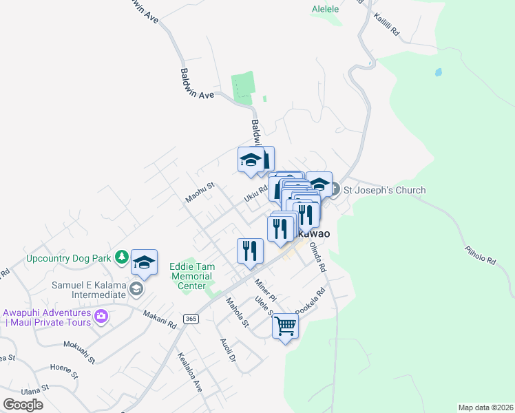 map of restaurants, bars, coffee shops, grocery stores, and more near 3563 Kalua Place in Makawao