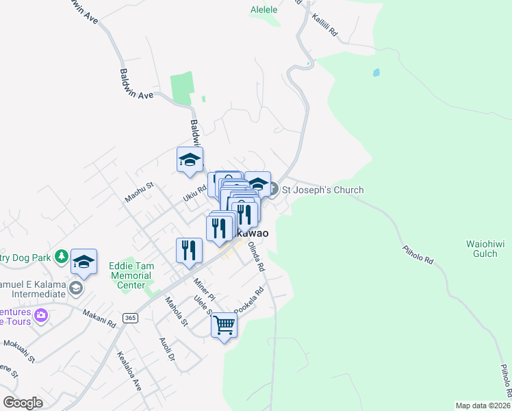 map of restaurants, bars, coffee shops, grocery stores, and more near 1265 Makawao Avenue in Makawao