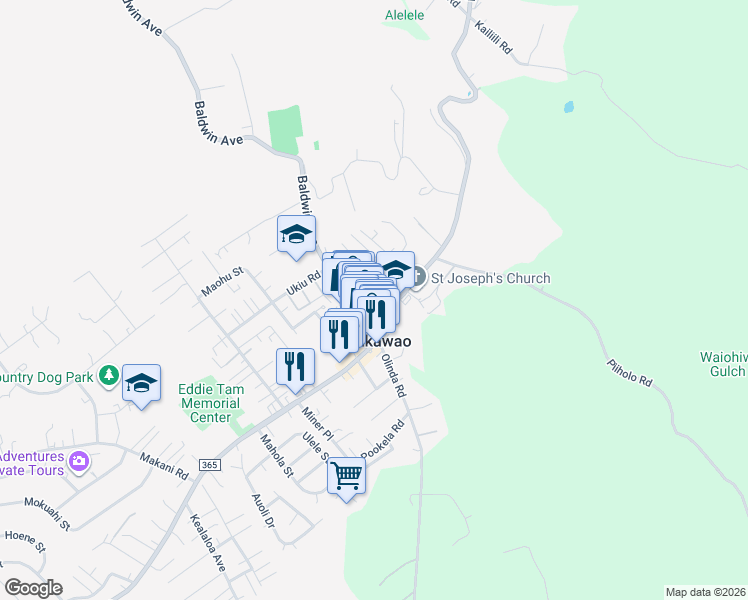 map of restaurants, bars, coffee shops, grocery stores, and more near 3655 Brewer Road in Makawao