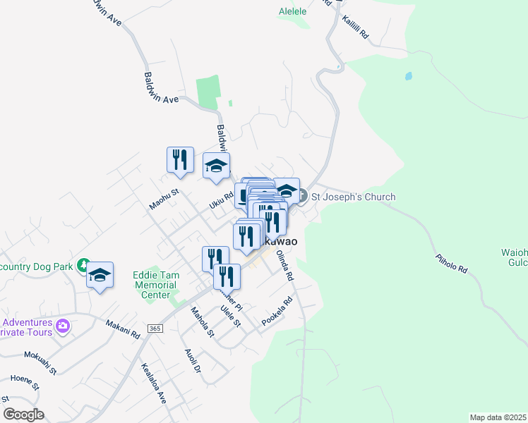 map of restaurants, bars, coffee shops, grocery stores, and more near 1268 Pohuli Way in Makawao