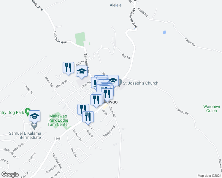 map of restaurants, bars, coffee shops, grocery stores, and more near 1265 Makawao Avenue in Makawao