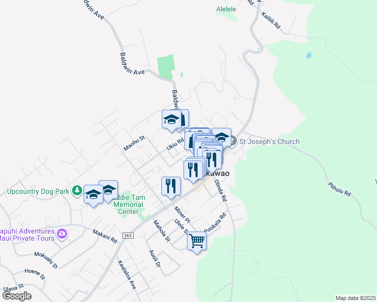 map of restaurants, bars, coffee shops, grocery stores, and more near 1150 Hemala Street in Makawao