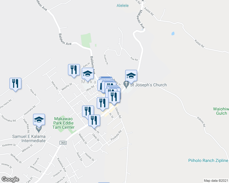 map of restaurants, bars, coffee shops, grocery stores, and more near 3665 Brewer Road in Makawao