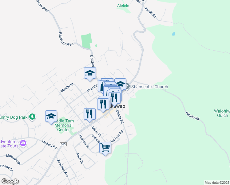 map of restaurants, bars, coffee shops, grocery stores, and more near 3665 Brewer Road in Makawao