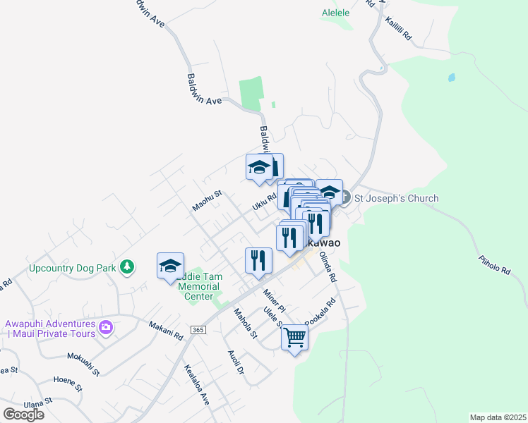 map of restaurants, bars, coffee shops, grocery stores, and more near 3580 Kalua Place in Makawao