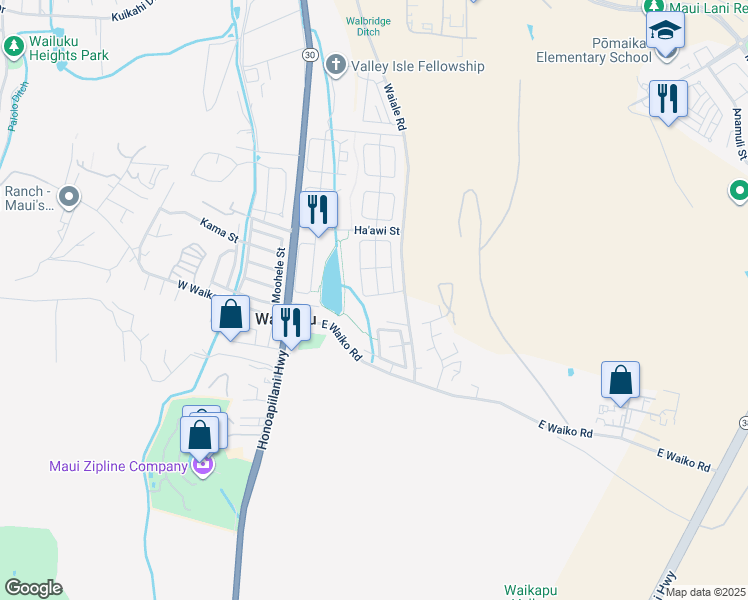 map of restaurants, bars, coffee shops, grocery stores, and more near 31 Nokekula Loop in Wailuku