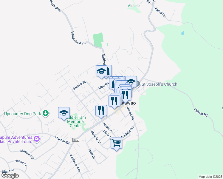 map of restaurants, bars, coffee shops, grocery stores, and more near 1150 Hemala Street in Makawao