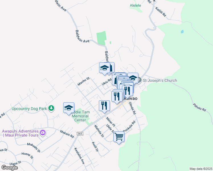 map of restaurants, bars, coffee shops, grocery stores, and more near 3576 Kalua Place in Makawao
