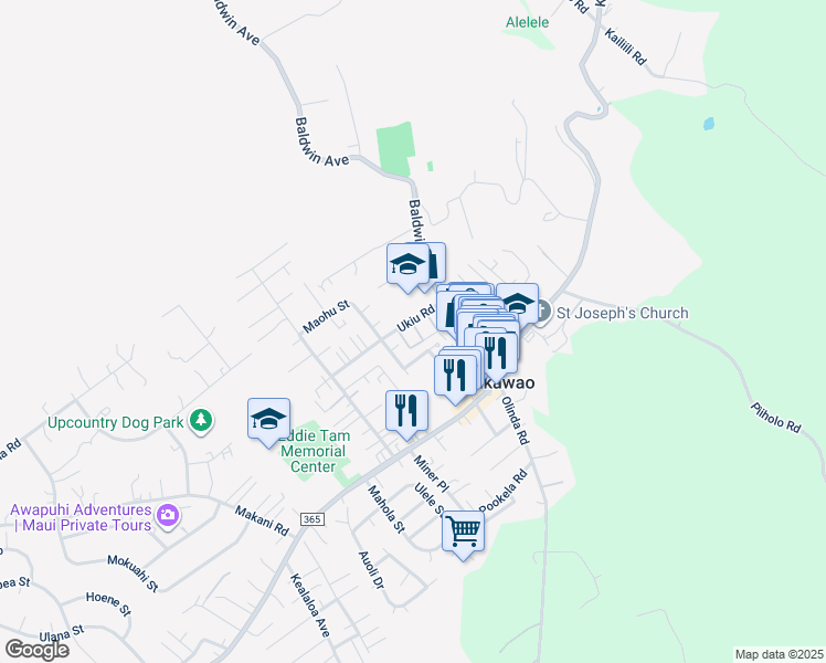 map of restaurants, bars, coffee shops, grocery stores, and more near 3576 Kalua Place in Makawao