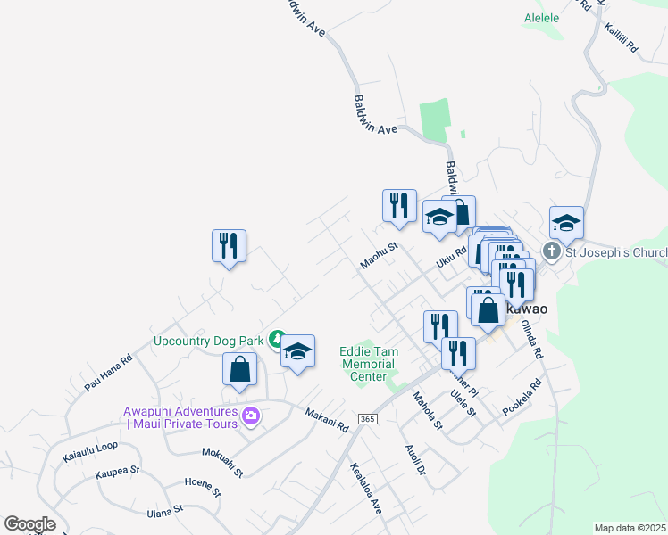 map of restaurants, bars, coffee shops, grocery stores, and more near 237 Maha Road in Makawao