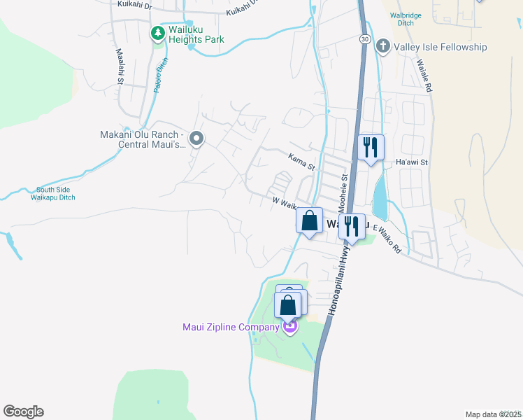 map of restaurants, bars, coffee shops, grocery stores, and more near 1421 Nuna Place in Wailuku