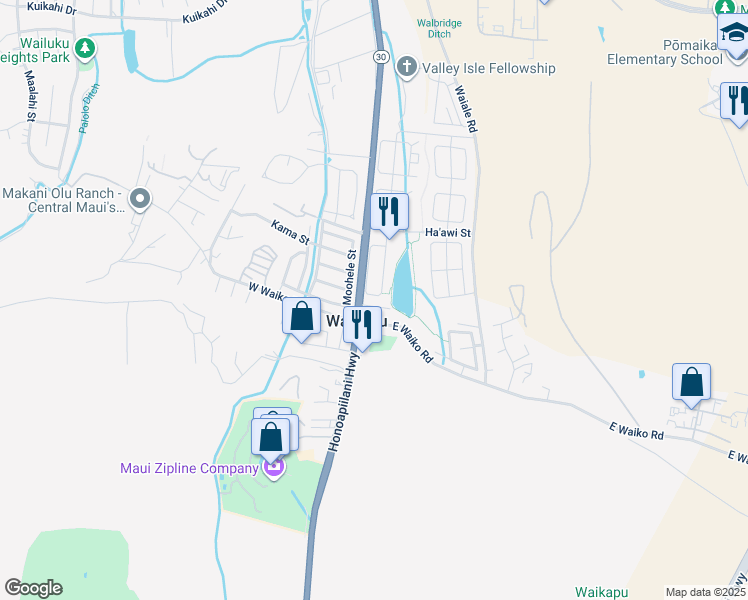 map of restaurants, bars, coffee shops, grocery stores, and more near 185 Kamaha'o Circle in Wailuku