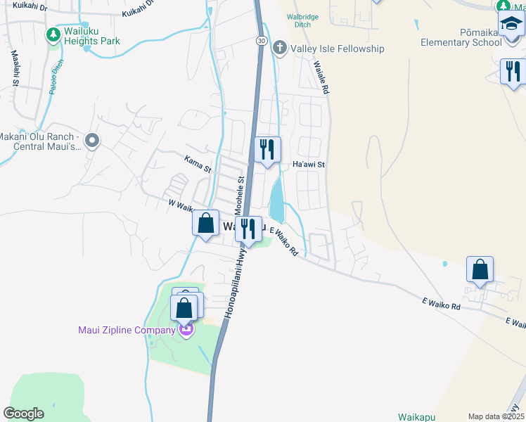 map of restaurants, bars, coffee shops, grocery stores, and more near 173 Kamaha'o Circle in Wailuku