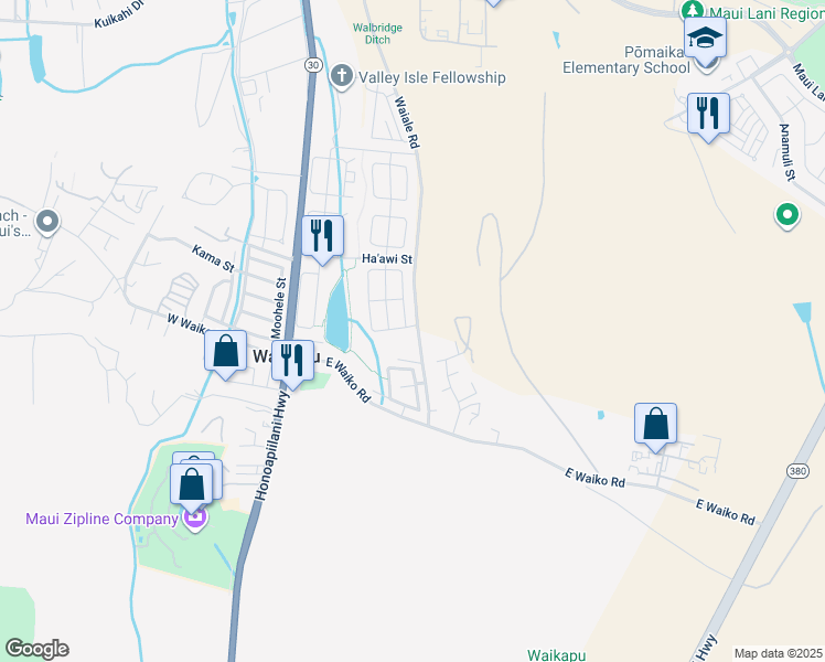 map of restaurants, bars, coffee shops, grocery stores, and more near 3 Nokekula Street in Wailuku