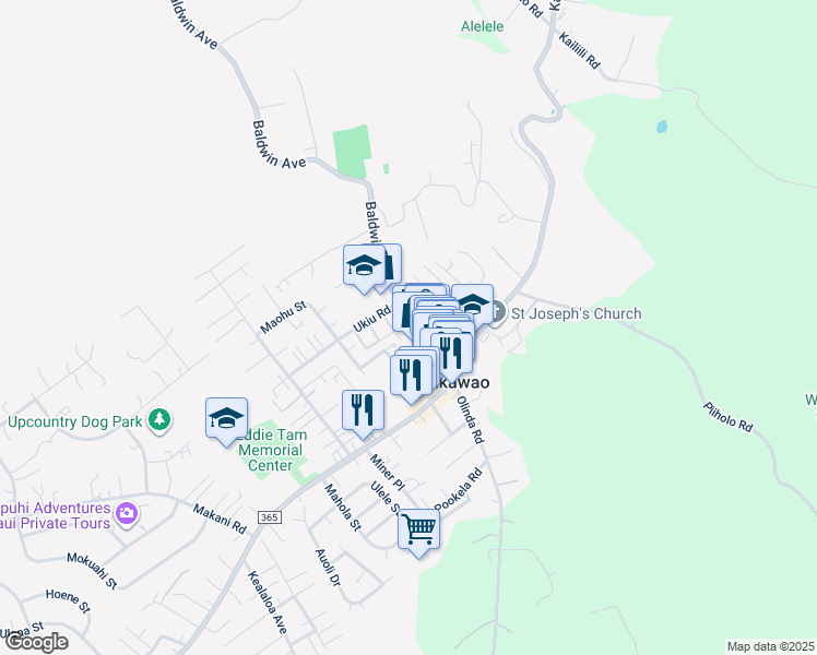 map of restaurants, bars, coffee shops, grocery stores, and more near 3594 Baldwin Avenue in Makawao