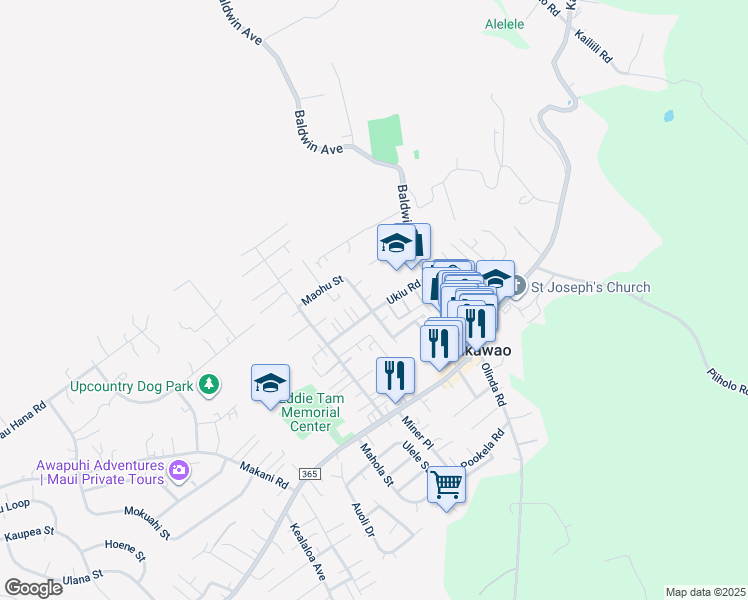 map of restaurants, bars, coffee shops, grocery stores, and more near 1088 Mamalu Place in Makawao