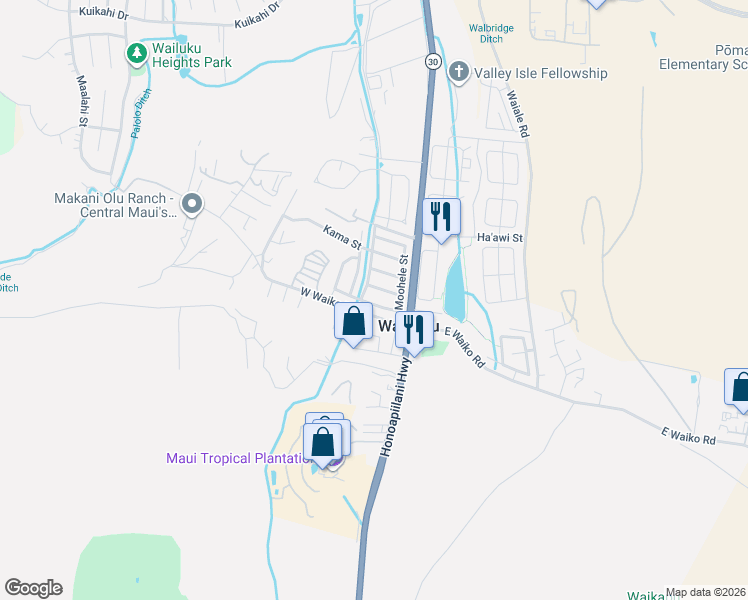 map of restaurants, bars, coffee shops, grocery stores, and more near 60 Ili Kupono Street in Wailuku