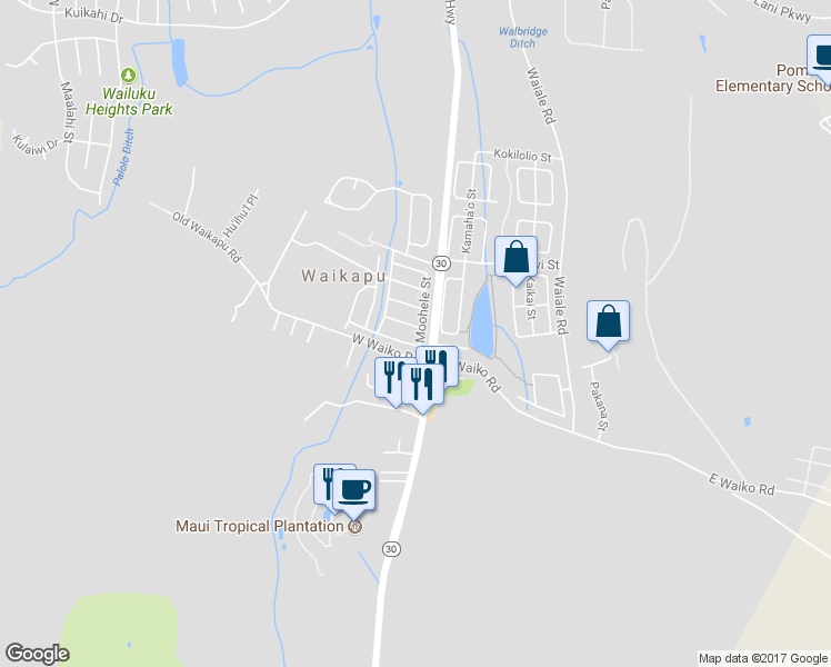 map of restaurants, bars, coffee shops, grocery stores, and more near 25 Kanawai Street in Wailuku