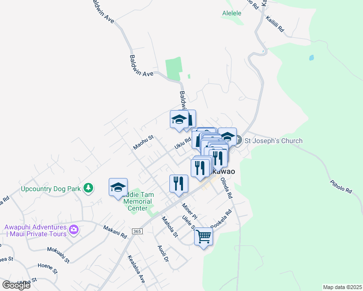 map of restaurants, bars, coffee shops, grocery stores, and more near Kalua Place in Makawao