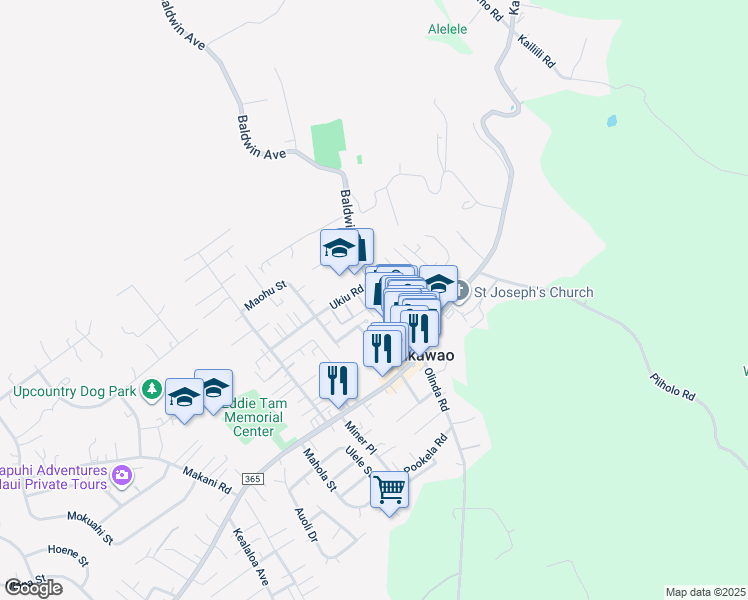 map of restaurants, bars, coffee shops, grocery stores, and more near 3584 Baldwin Avenue in Makawao